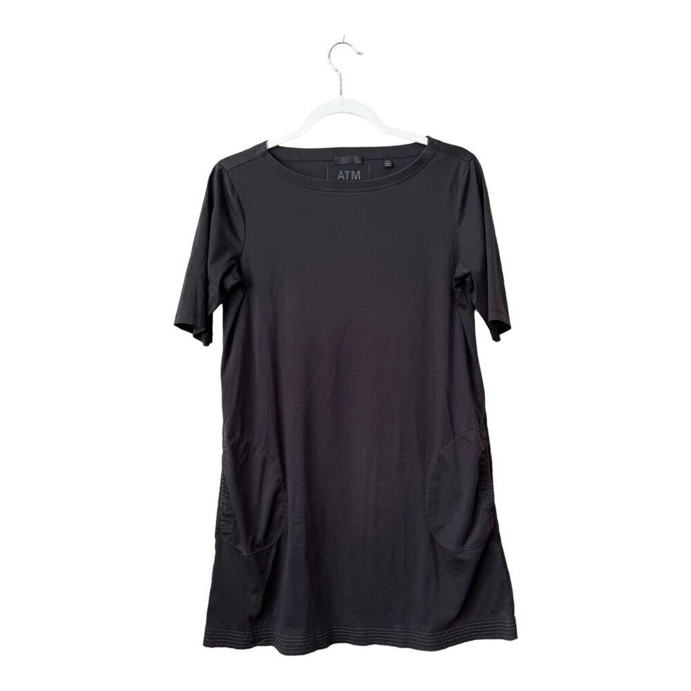 ATM Dress Womens Small Minimalist Black Short Sleeve 100% Cotton Pockets Casual
